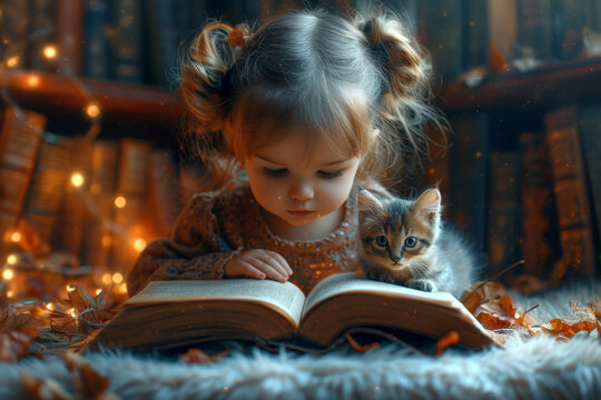 Child little girl reading magic book in the evening in the home library with kitten - Powered by Adobe