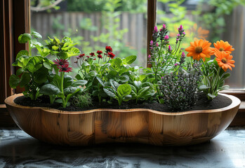 Wooden bowl is filled with herbs and flowers sitting on table in front of window. - Powered by Adobe