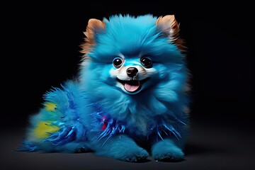 Vividly colored smurf-style pomeranian dog in a captivating portrait