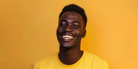 Joyful African Man Smiling on Yellow - obrazy, fototapety, plakaty