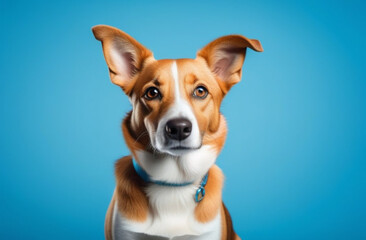 Cute dog on blue isolated background. Free space for inscriptions