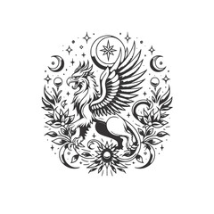 Mystical Griffin Vector Illustration with Celestial Bodies and Floral Motifs - Black and White