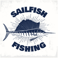 Sailfish Fishing T-Shirt Design Vintage Monochrome