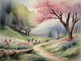 水彩で描いた桜の木の風景イラスト  生成AI