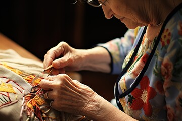 An elderly woman embroidery a beautiful tablecloth at home. Home hobbies for the elderly. leisure and relaxation for retired people. - obrazy, fototapety, plakaty