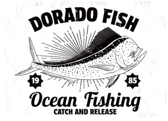 T-Shirt Design of Dorado Fish Illustration in Vintage Style