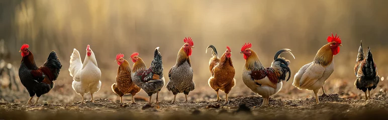 Deurstickers Row of chicken standing in nature.Panorama view. Generative AI © Nipawan