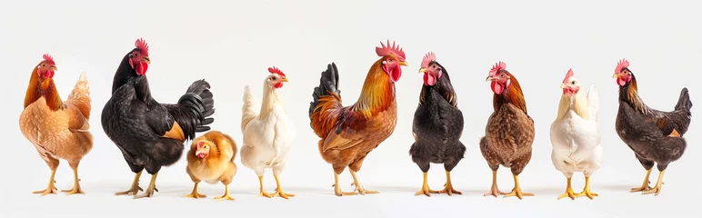 Zelfklevend Fotobehang Row of chicken standing isolated on white background.Panorama view. Generative AI © Nipawan