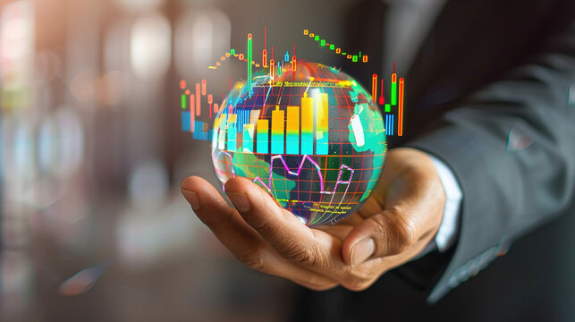 Businessman Holding Globe with Financial Charts