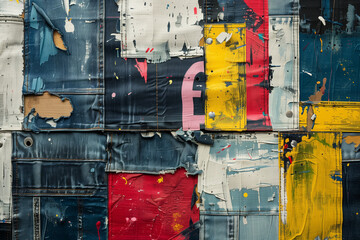 Patchwork of denim and colorful paint splatters.