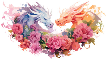 Floral Dragons Watercolor flat vector isolated on white