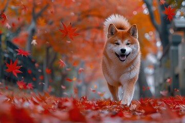 Shiba Inu dog joyfully walking through autumn leaves..Pet care and lifestyle content, seasonal outdoor activity promotion..AI Generated.