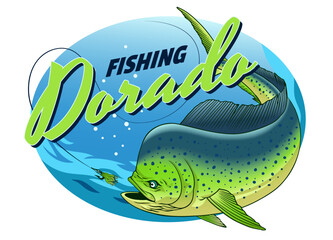 Vintage Colored Shirt Design of Dorado Fishing Realistic Illustration