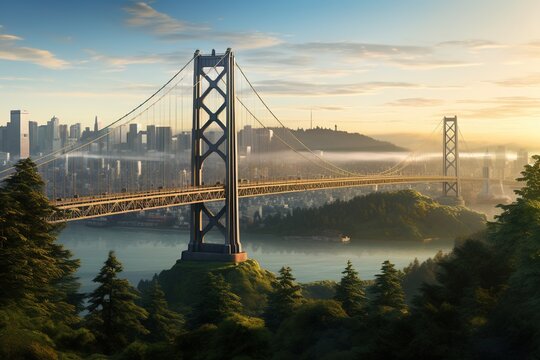 Majestic suspension bridge over a river in autumnal fog.. Travel and infrastructure photography, architectural study..AI Generated. - Powered by Adobe