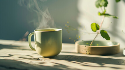 Obraz na płótnie Canvas Modern mug of tea with with steam rising, minimalist table, sustainable cafe with stucco cement walls, isolated shot, sunny, bright but soft light, clear sky, shadowplay