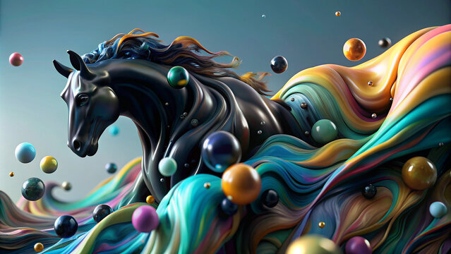 3d render abstract pastel colors background with black horse. Bright abstract background. Flow of multi-colored paint with bubbles and lumps. Multi colored liquid.