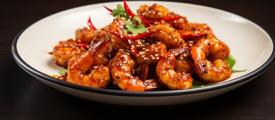 A closeup of a plate of shrimp in a delicious sauce, a delectable seafood dish perfect for any cuisine or recipe featuring fresh produce and flavorful ingredients