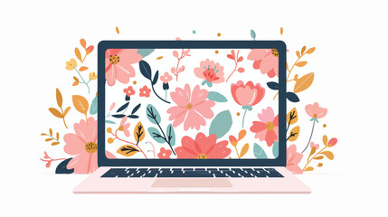 Floral Laptop flat vector isolated on white background