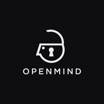 abstract minimalist open padlock human brain logo icon vector template on black background