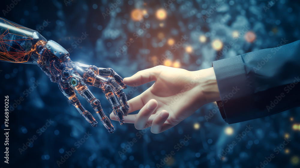 Aufkleber artificial intelligence machine learning robot hands and human touch