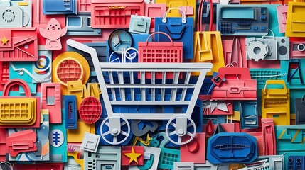 Exploring Online Shopping Through Art: Digital Papercut Style Cart on Pastel - A Creative E-commerce Concept generetive ai