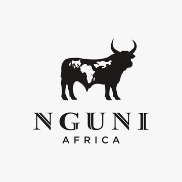 Nguni buffalo cow logo icon vector template on white background with african word map mark