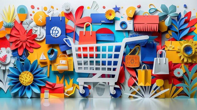 Exploring Online Shopping Through Art: Digital Papercut Style Cart on Pastel - A Creative E-commerce Concept generetive ai