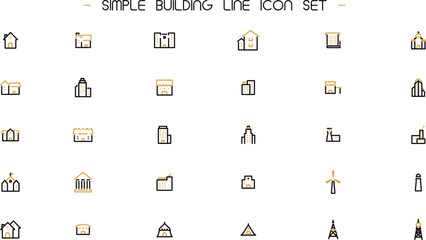建物をモチーフにしたシンプルなラインアイコンセット（黄）　Simple building line icon set (yellow)