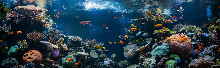 Aquarium with various fish.Panorama view. Generative AI