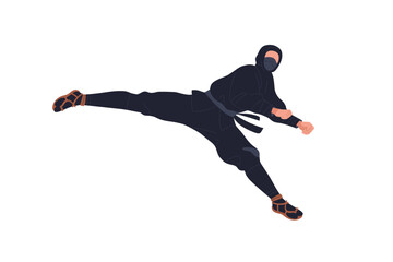 Ninjutsu fighter. Ninja wrestler, Japan warrior in fight action. Japanese wrestling, martial art. Man in black outfit kicking in stance, pose. Flat vector illustration isolated on white background