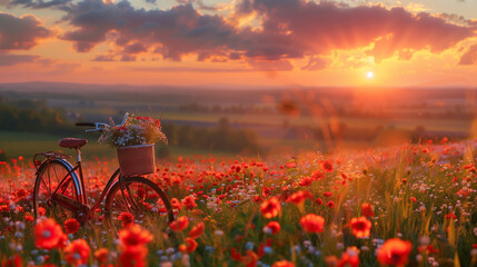 A bicycle with a basket of flowers is parked in a field of flowers during sunset.