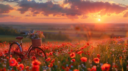 Fotobehang Fiets A bicycle with a basket of flowers is parked in a field of flowers during sunset.