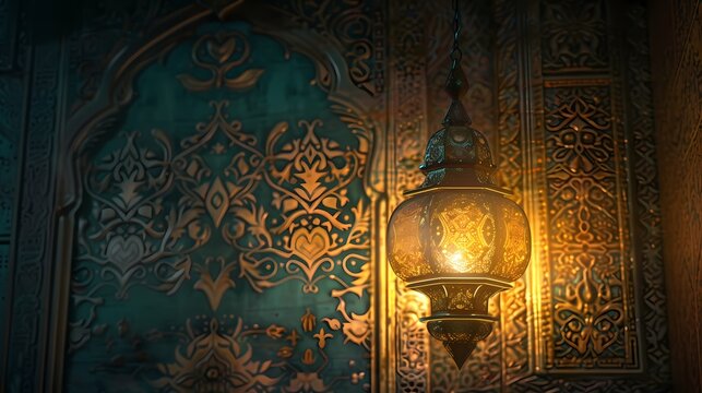 An enchanting image featuring a glowing lantern amidst ornate Islamic designs, symbolizing the spirituality and joy of Ramadan.