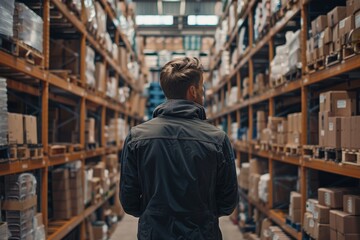 salesman in a hardware warehouse standing checking scan box in logistics for inventory check using barcode reader, Generative AI