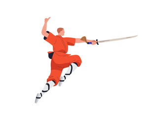 Wushu fighter. Traditional Chinese kung-fu wrestler in attacking stance in air, fight pose with sword. Asian athlete in action, motion, posture. Flat vector illustration isolated on white background
