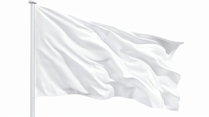 Isolated white flag on flagpole flying in the wind, 3D illustration