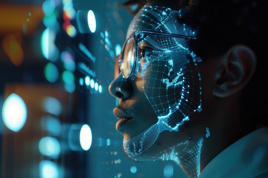 Person with digital face mapping projection, Generated AI.