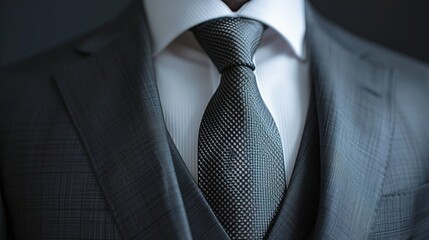 A UHD close-up of a modern business suit in charcoal gray, styled with a tailored blazer, crisp white dress shirt, and slim-fit trousers, accessorized with a silk tie and leather dress shoes. - obrazy, fototapety, plakaty
