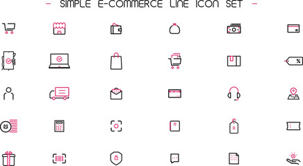 ネットショッピングをモチーフにしたシンプルなラインアイコンセット（赤）　Simple e-commerce line icon set (red)
