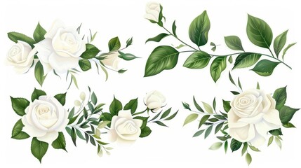 A set of floral branch. Flower white rose. Green leaves. Wedding concept. Floral posters and invites. Modern arrangements for greeting cards and invitations.