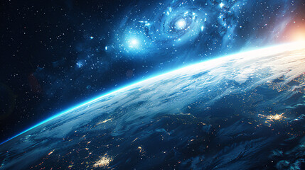 Beautiful scene looking down at the Earth from space, blue technological earth against the background of the universe