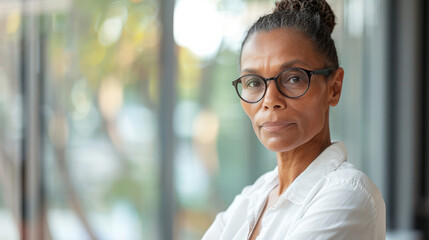 Obraz premium Beautiful 45 years old gentle aboriginal Australian woman, wearing glasses, formal slick hairstyle, smooth face in a modern office building, wearing white shirt, beside a huge window