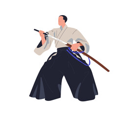 Iaido fighter. Japanese iai wrestler standing in attacking pose, posture with sword. Traditional Japan fighting, wrestling sport, martial art. Flat vector illustration isolated on white background - obrazy, fototapety, plakaty