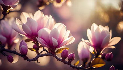 Fototapeten Beautiful blooming magnolia flower on branch, spring fresh air morning after rain. Natural sunlight bokeh. Generative AI © Anna