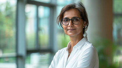 Fototapeta premium Beautiful 45 years old gentle Indian brunette woman, wearing glasses, formal slick hairstyle, smooth face in a modern office building, wearing white shirt, beside a huge window