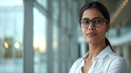 Beautiful 45 years old gentle Indian brunette woman, wearing glasses, formal slick hairstyle, smooth face in a modern office building, wearing white shirt, beside a huge window - obrazy, fototapety, plakaty