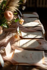 Sunlit table with handwritten letters and flowers..Home Decor and Design.AI Generated.