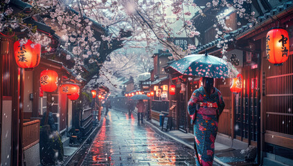 A beautiful Japanese woman in kimono, walking under cherry blossom trees along an old street with traditional wooden buildings and lanterns hanging from the eaves of some houses