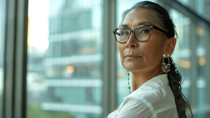 Beautiful 45 years old gentle Native American woman, wearing glasses, formal slick hairstyle, smooth face in a modern office building, wearing white shirt, beside a huge window