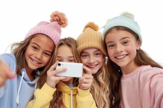 Cute young girls friends having fun together, taking a selfie on a white background, Generative AI